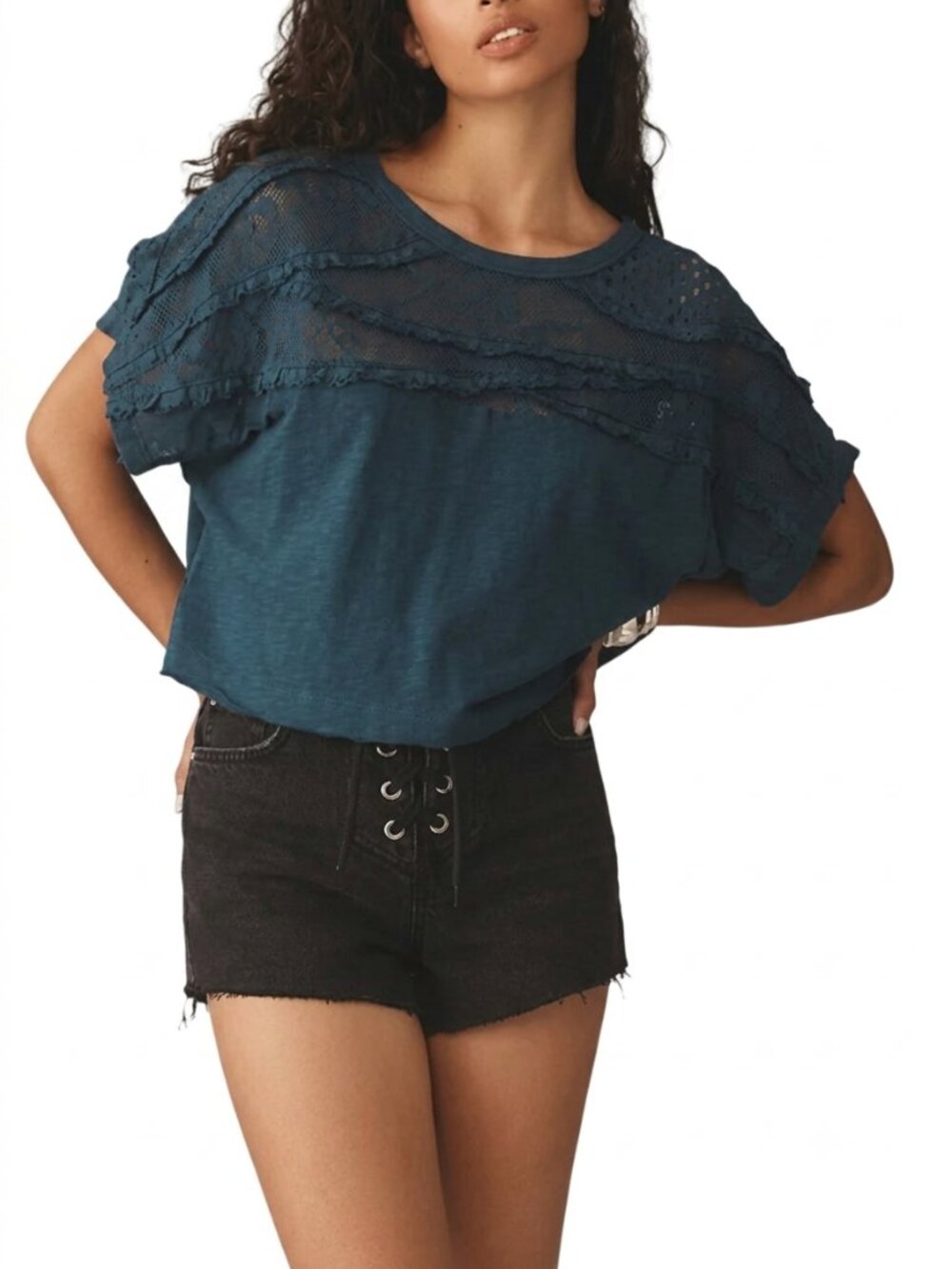 Pilcro Anthropologie Cotton Lace Yoke Crop Top S Teal Boho Mesh Tee Coastal